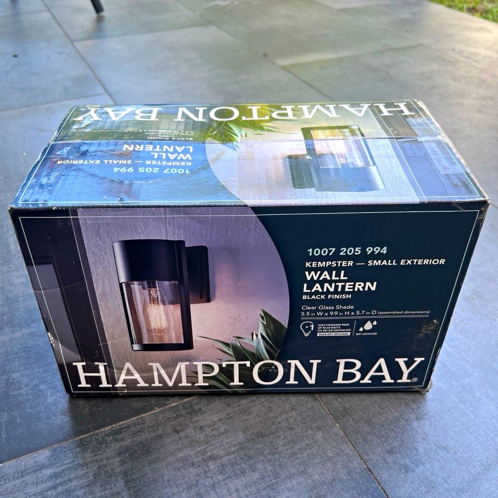 Hampton Bay Kempster Outdoor Wall Lantern, Black Finish Clear Glass, Hardwired
